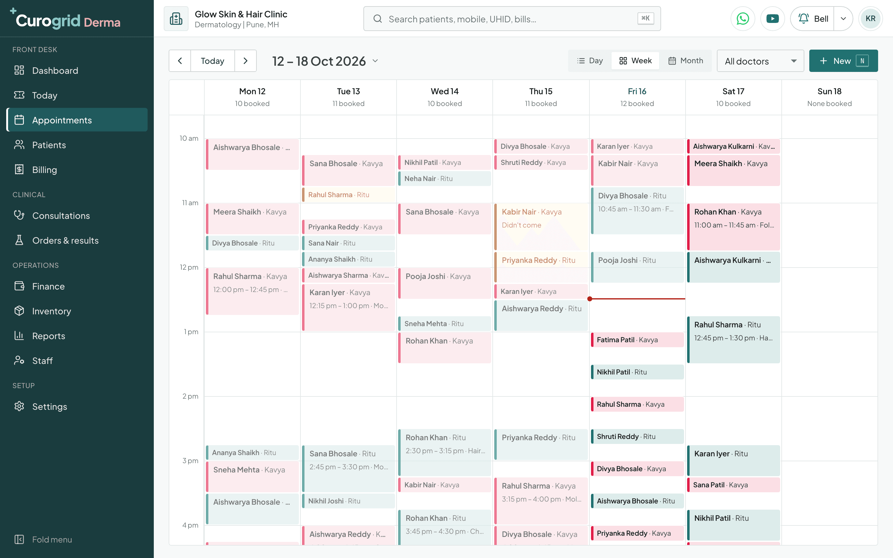 Curogrid Derma's appointment book for a week, each doctor's bookings in their own colour