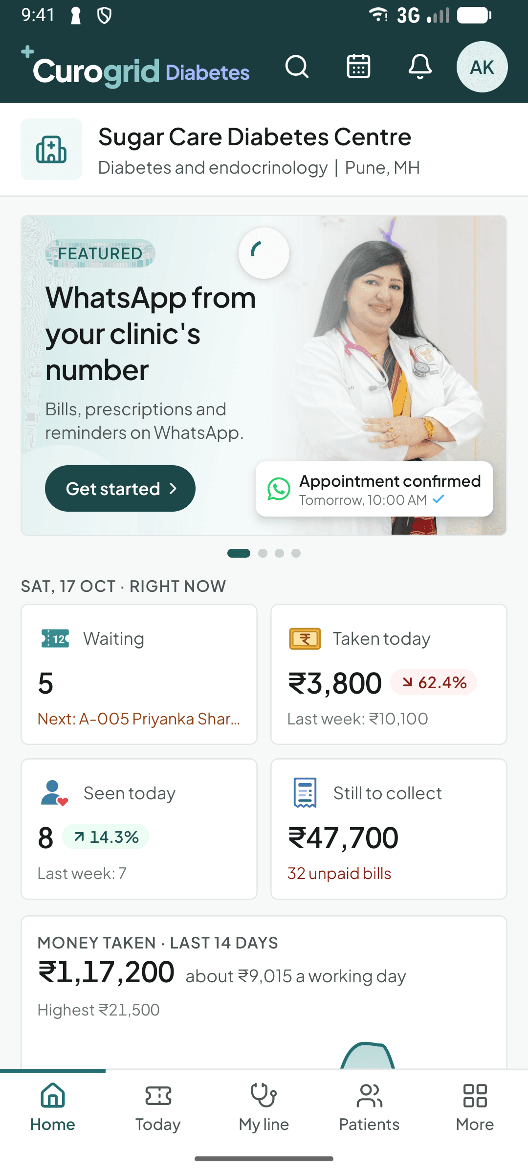 The Curogrid Diabetes phone app's home screen, with the clinic's numbers for right now