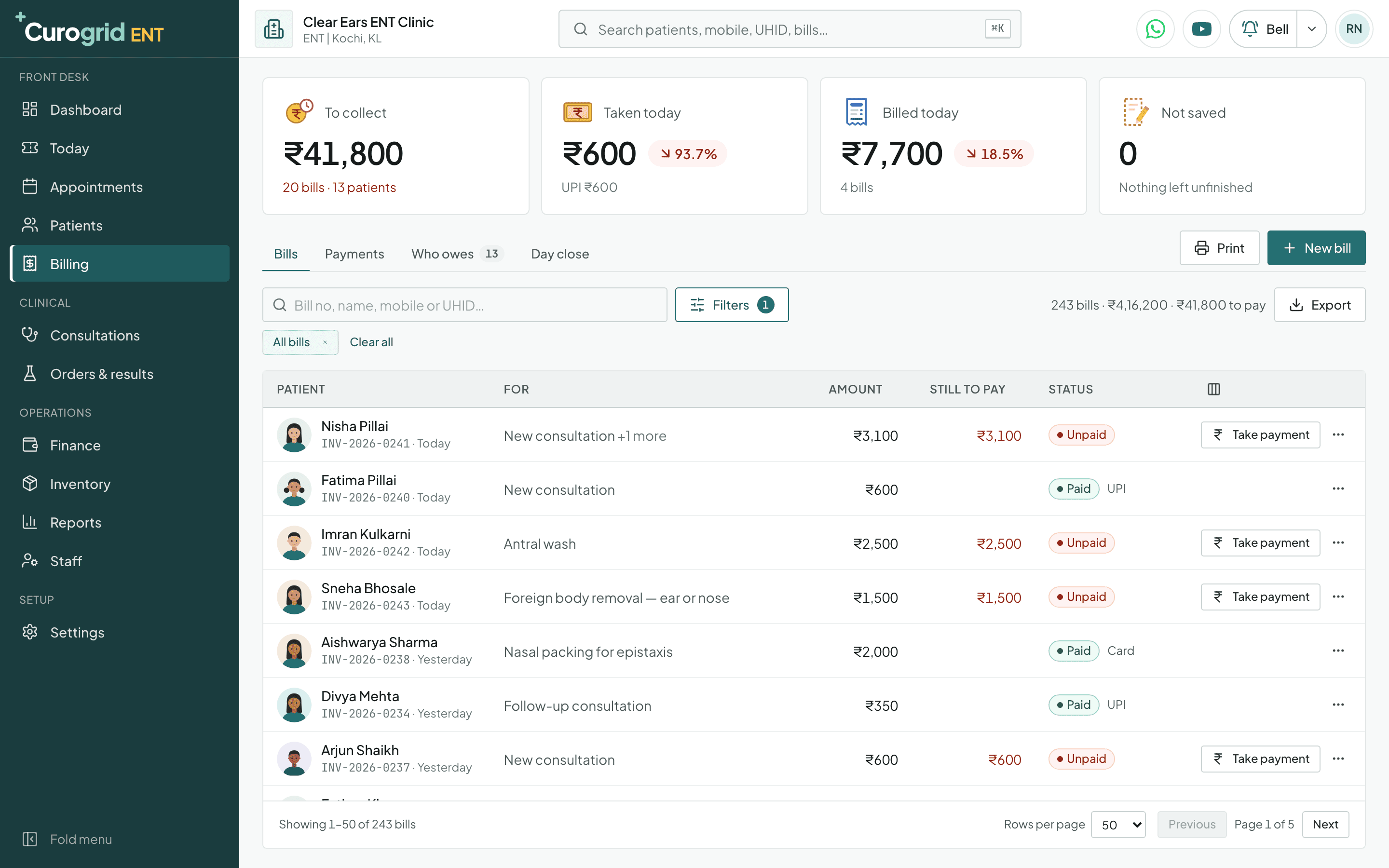 Curogrid ENT's billing screen: money to collect, taken today by card, UPI and cash, and the clinic's bills with what is paid and what is still to pay
