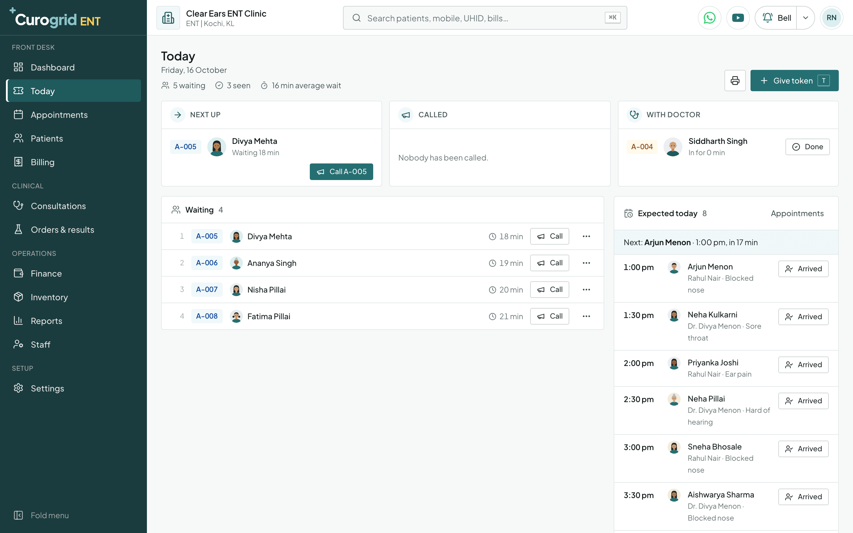 Curogrid ENT's Today screen: patients waiting with token numbers and wait times, the patient with the doctor, and the appointments still expected today