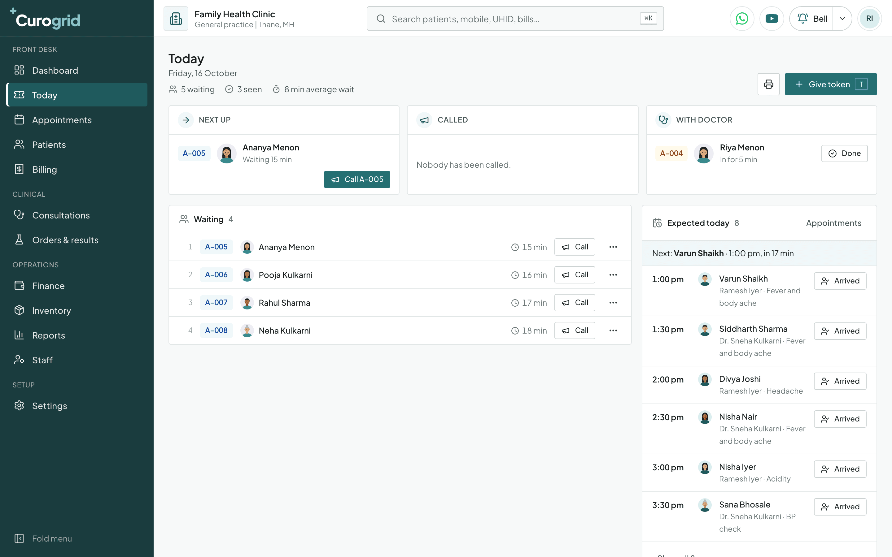 Curogrid's Today screen: patients waiting with token numbers and wait times, the patient with the doctor, and the appointments still expected today
