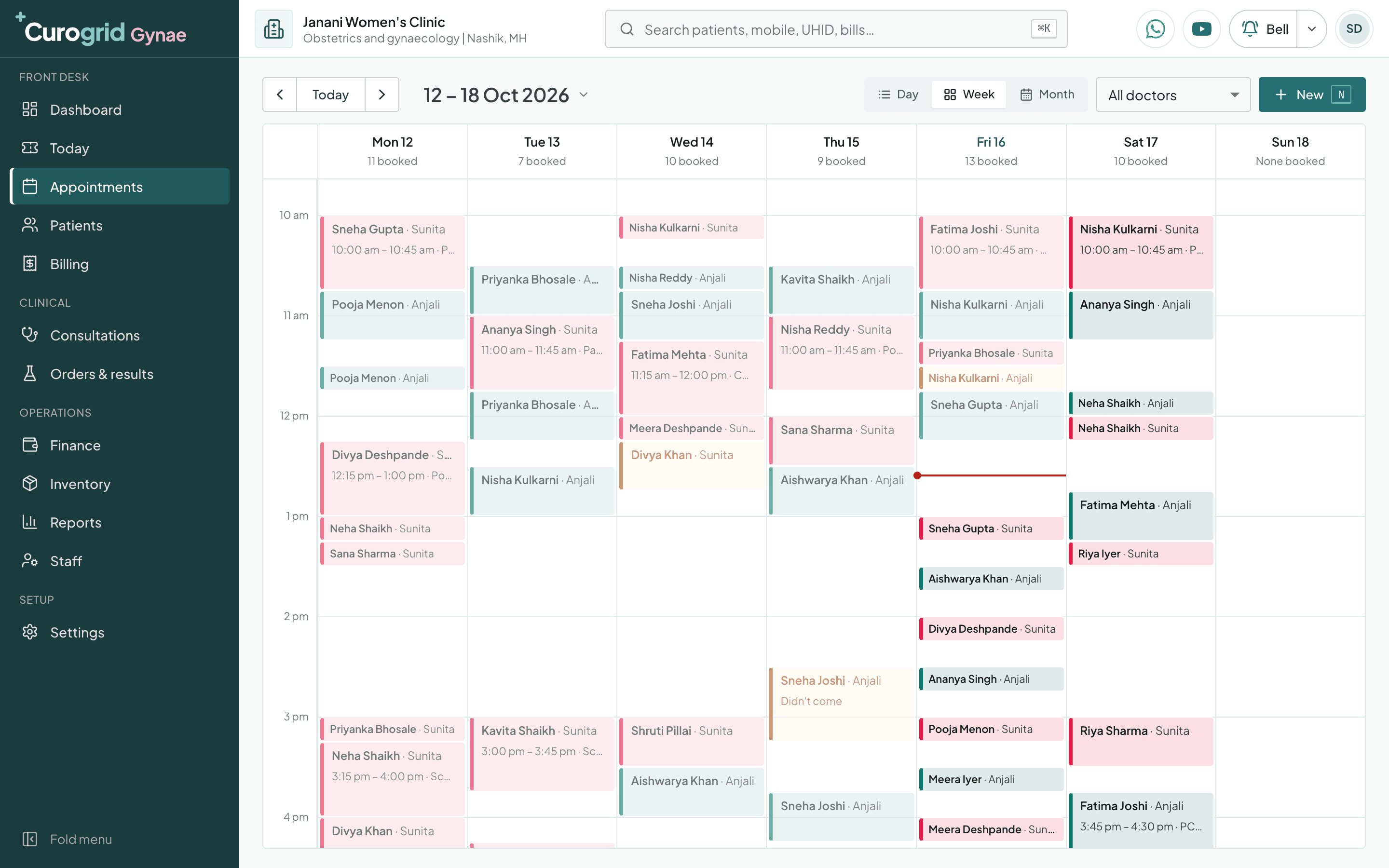 Curogrid Gynae's appointment book for a week, each doctor's bookings in their own colour