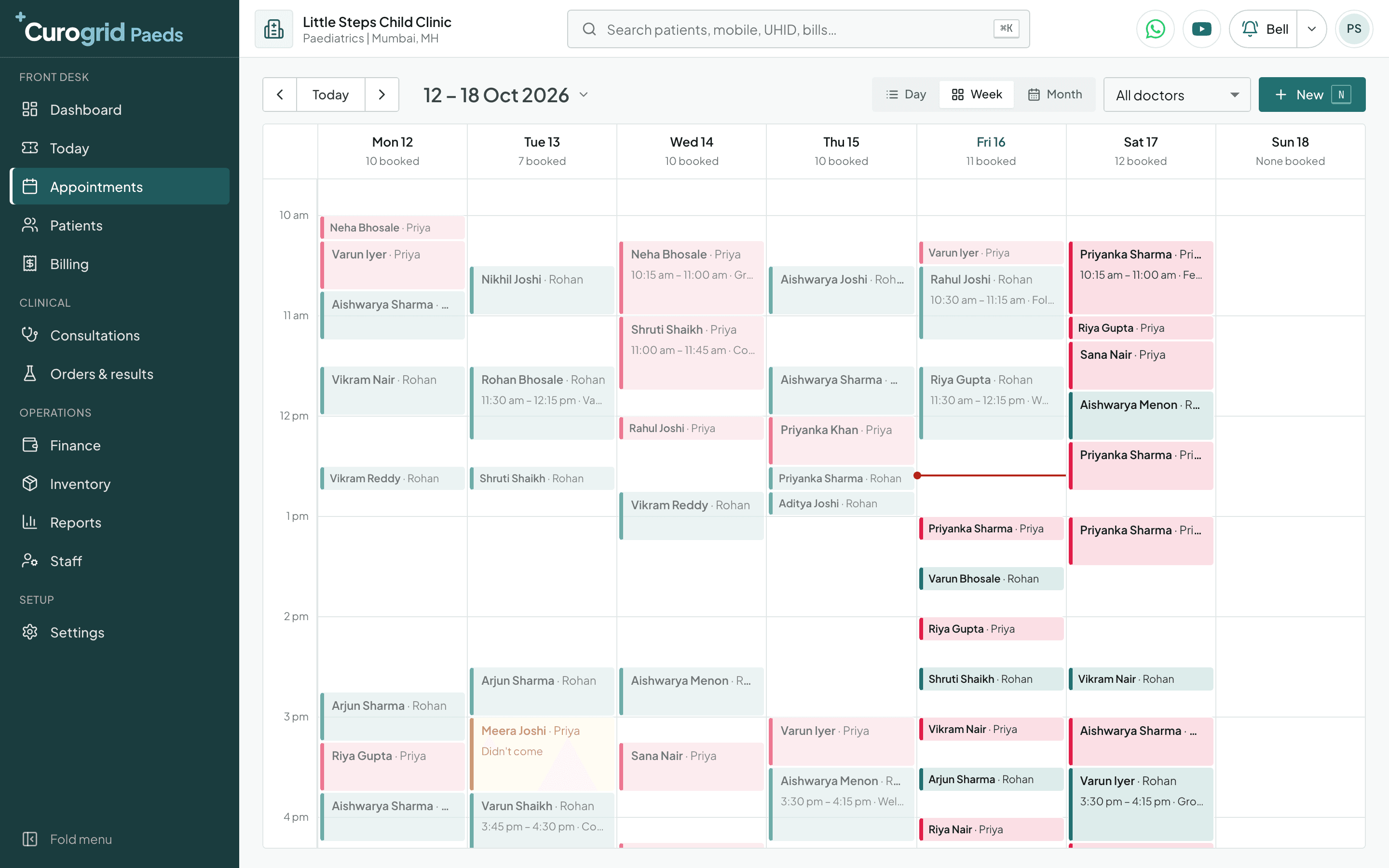 Curogrid Paeds's appointment book for a week, each doctor's bookings in their own colour