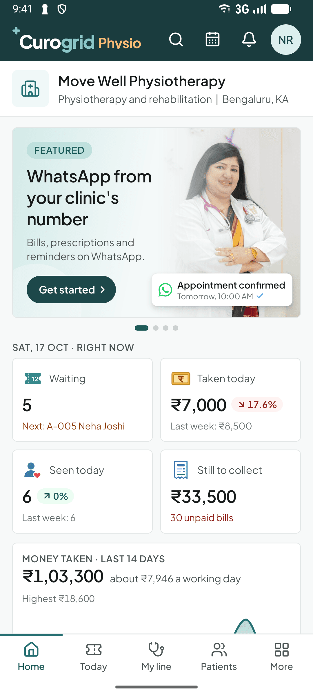 The Curogrid Physio phone app's home screen, with the clinic's numbers for right now