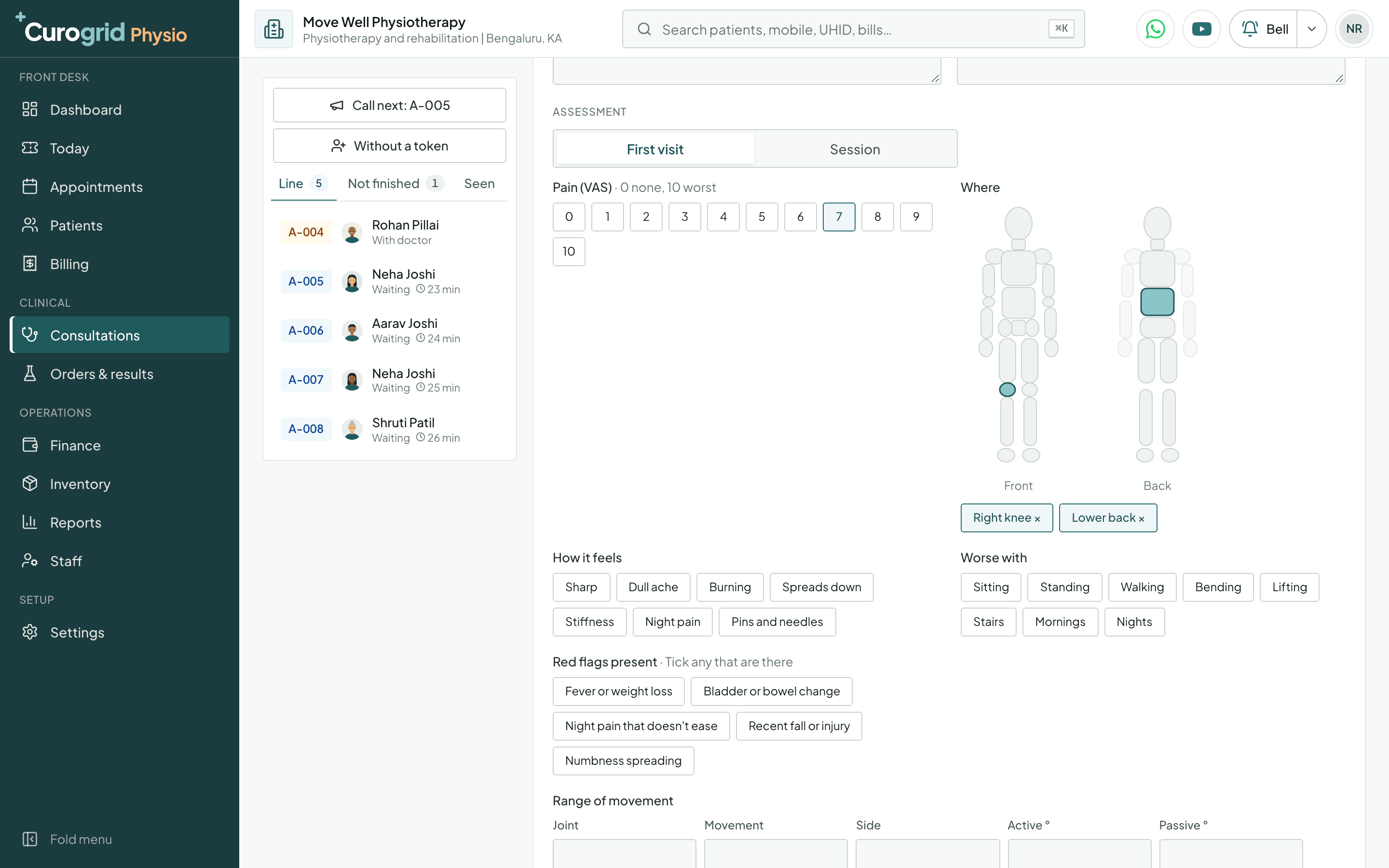 Curogrid Physio's first-visit assessment: pain marked 7 on a 0 to 10 scale, the right knee and lower back picked on a front and back body figure, how the pain feels, what makes it worse, a red flags checklist and the range of movement table