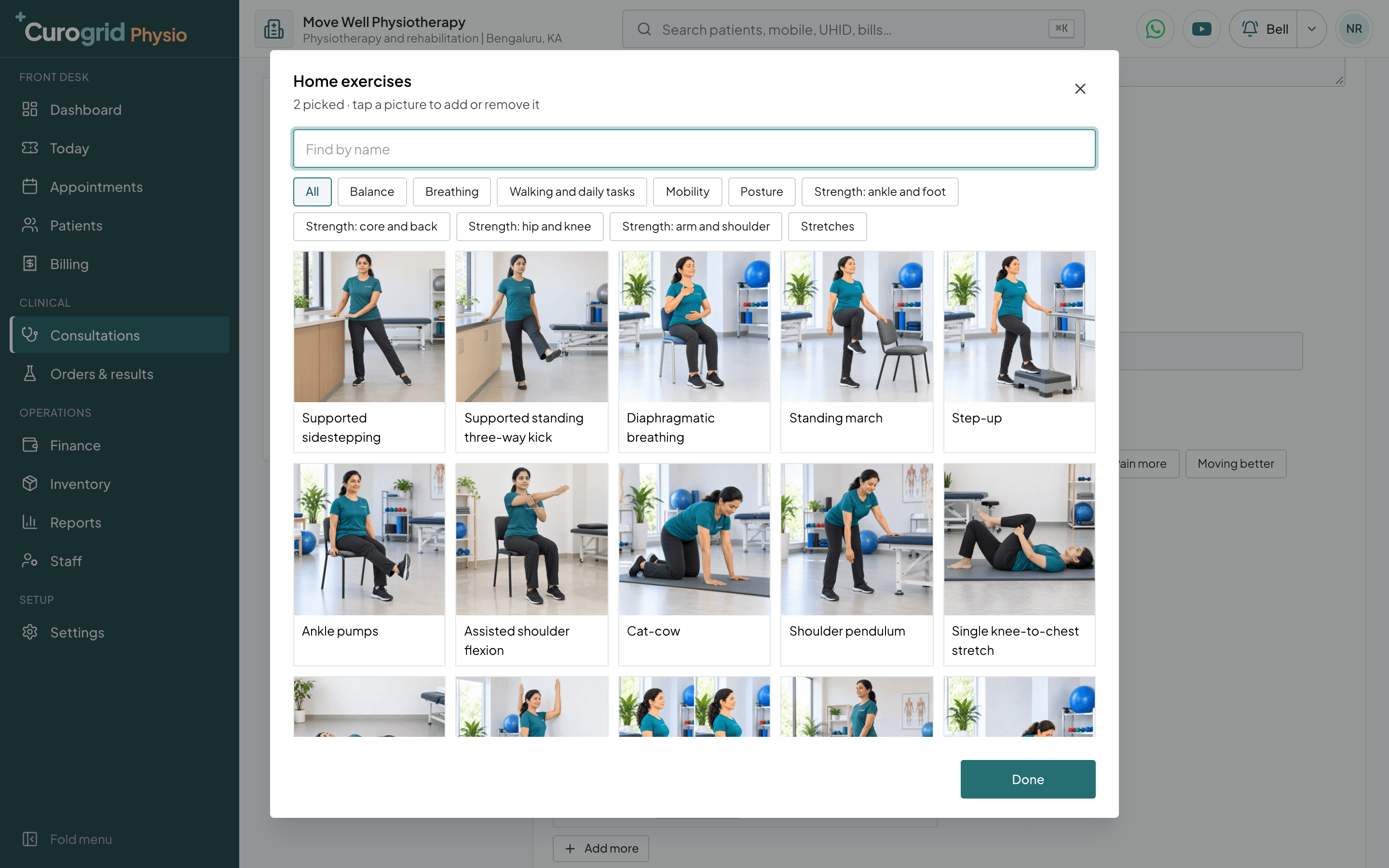 Curogrid Physio's home exercises picker: photographs of exercises such as standing march, step-up, cat-cow and shoulder pendulum, grouped into balance, breathing, mobility, posture, strength and stretches, with two picked
