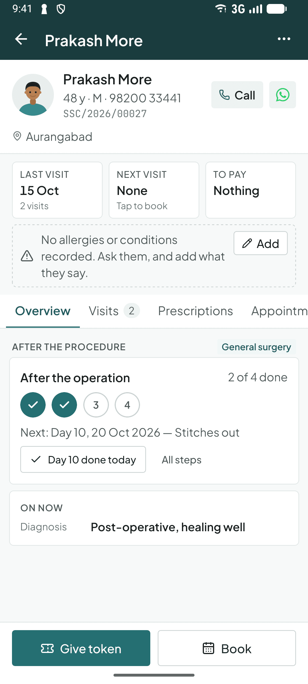 A patient's file in the Curogrid Surgery phone app after an operation: the After the operation plan 2 of 4 done, next day 10, stitches out, with a Day 10 done today button