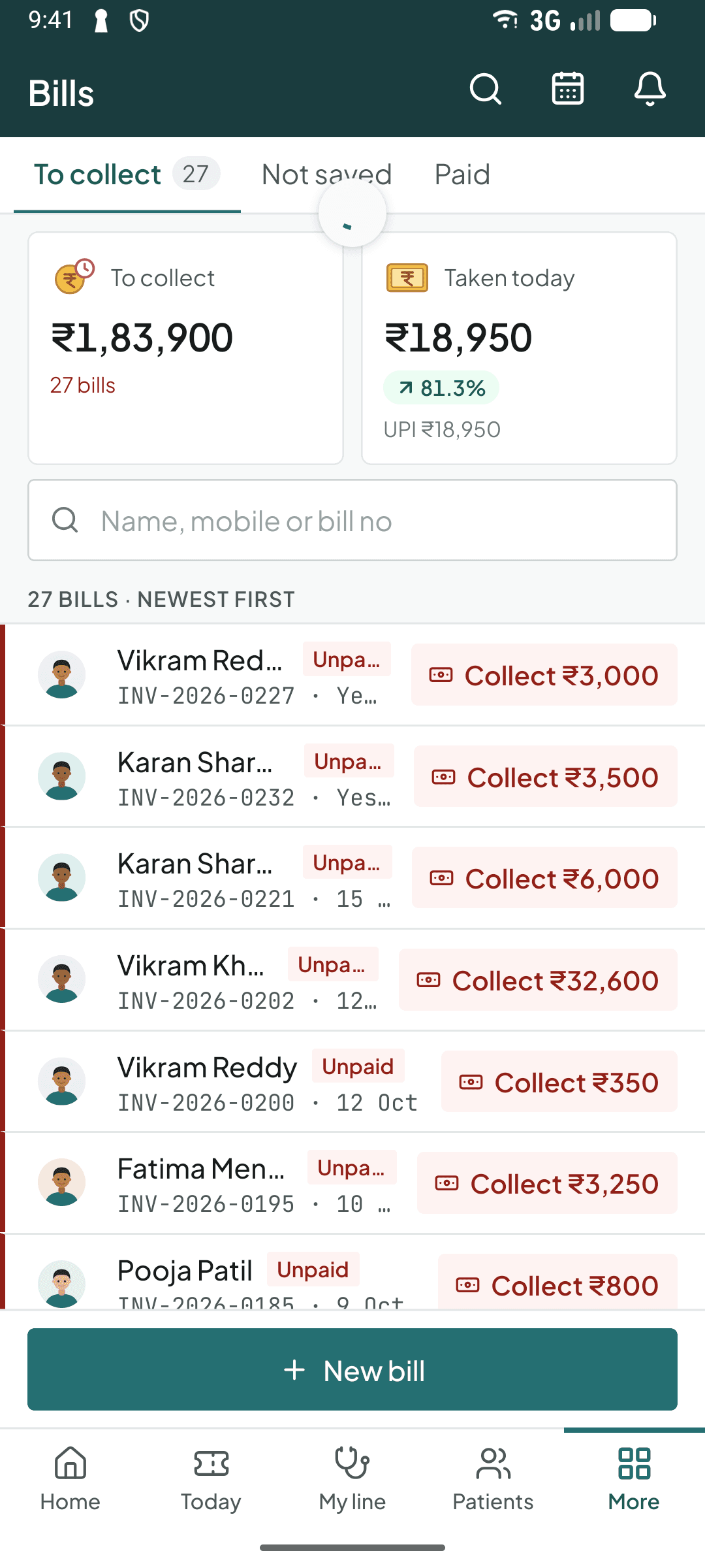 Bills in the Curogrid Surgery phone app: what is still to collect, today's takings, and a Collect button on each unpaid bill