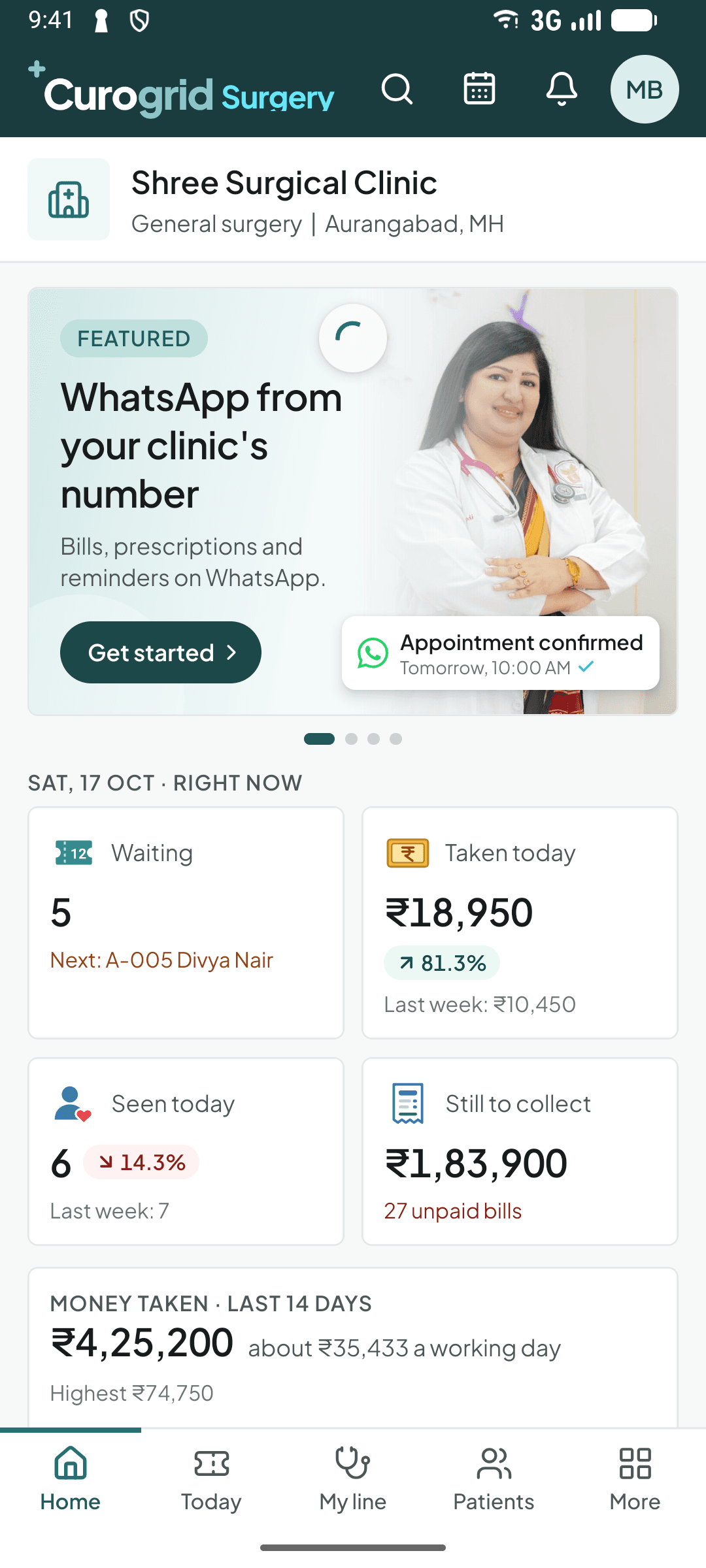 The Curogrid Surgery phone app's home screen, with the clinic's numbers for right now